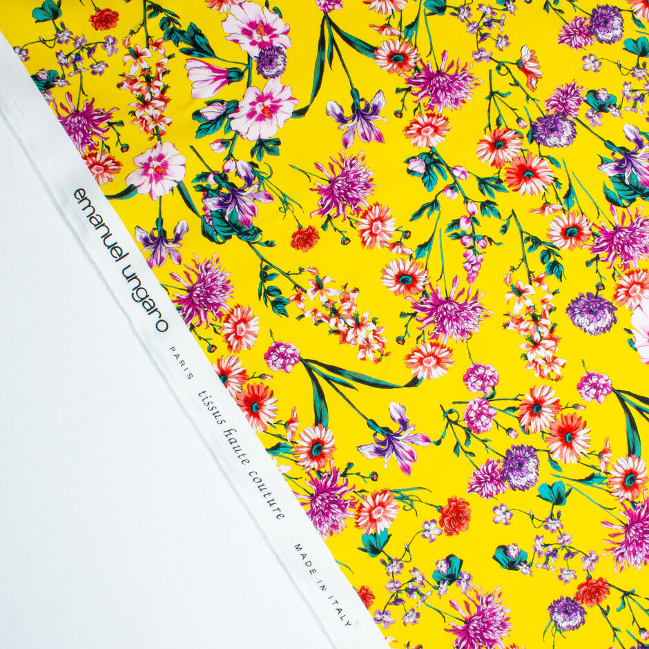 Multi Floral Printed Canary Yellow Luxury Cotton (A 2.35m Piece)