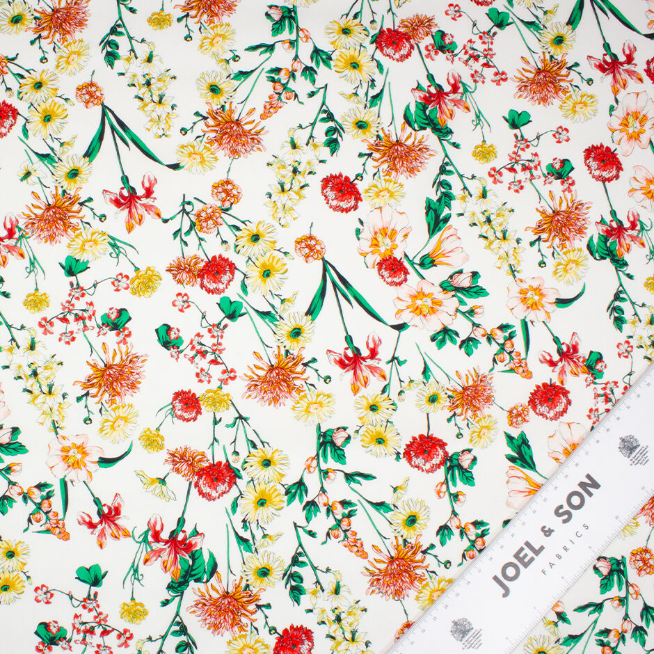 Red, Orange & Yellow Floral Printed White Luxury Cotton
