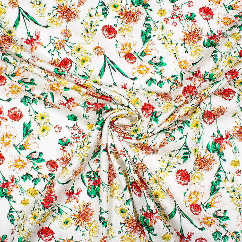 Red, Orange & Yellow Floral Printed White Luxury Cotton