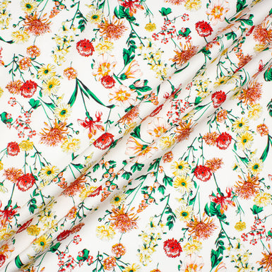 Red, Orange & Yellow Floral Printed White Luxury Cotton