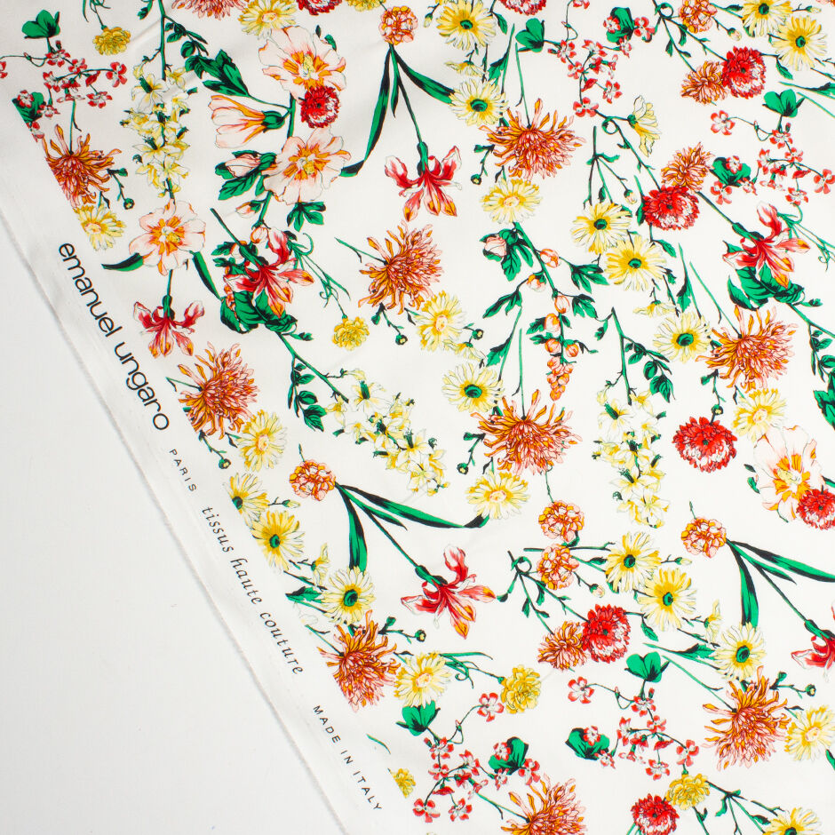 Red, Orange & Yellow Floral Printed White Luxury Cotton