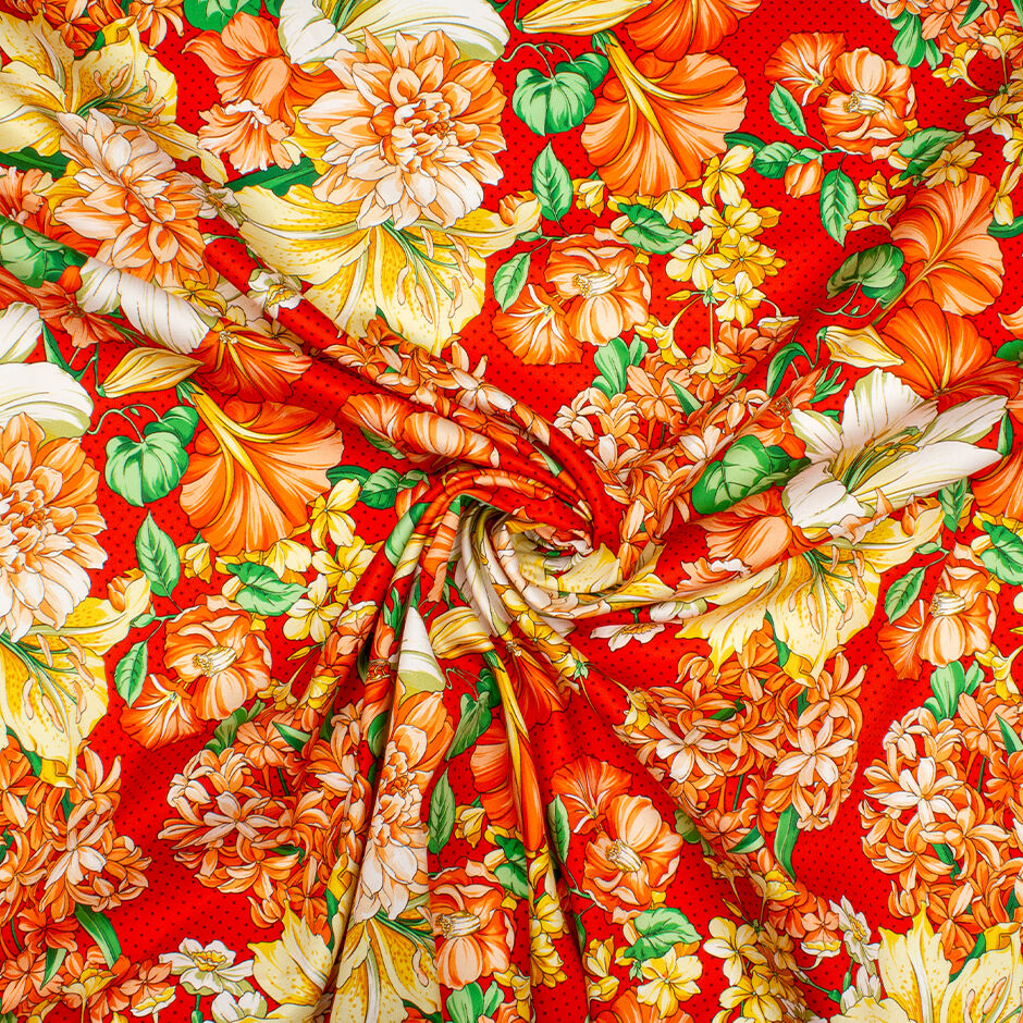 Large Floral Printed Spotted Red Luxury Cotton (A 1.15m Piece)