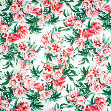 Cherry Pink & Green Floral Printed White Luxury Cotton