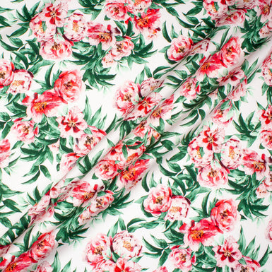Cherry Pink & Green Floral Printed White Luxury Cotton