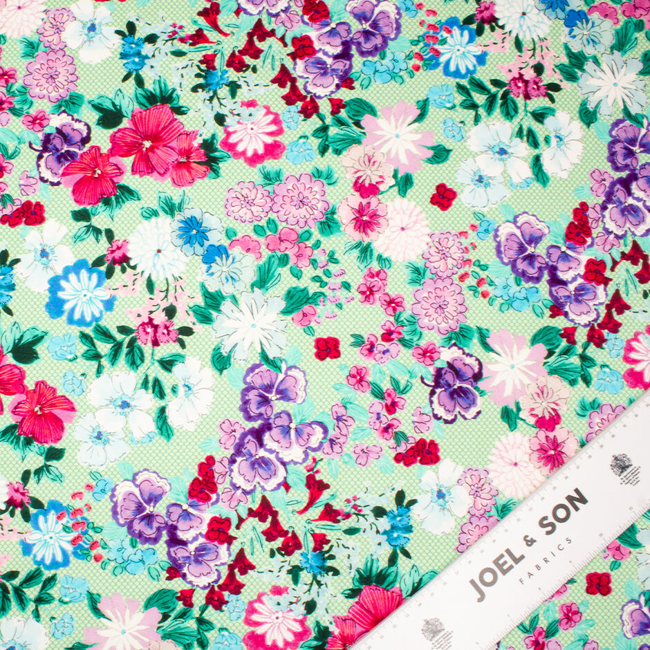 Pink & Blue Floral Printed Green Luxury Cotton