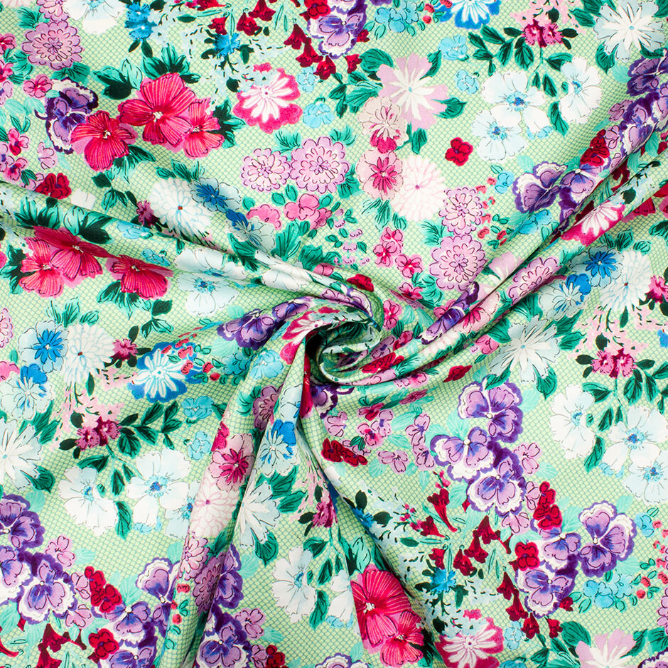 Pink & Blue Floral Printed Green Luxury Cotton