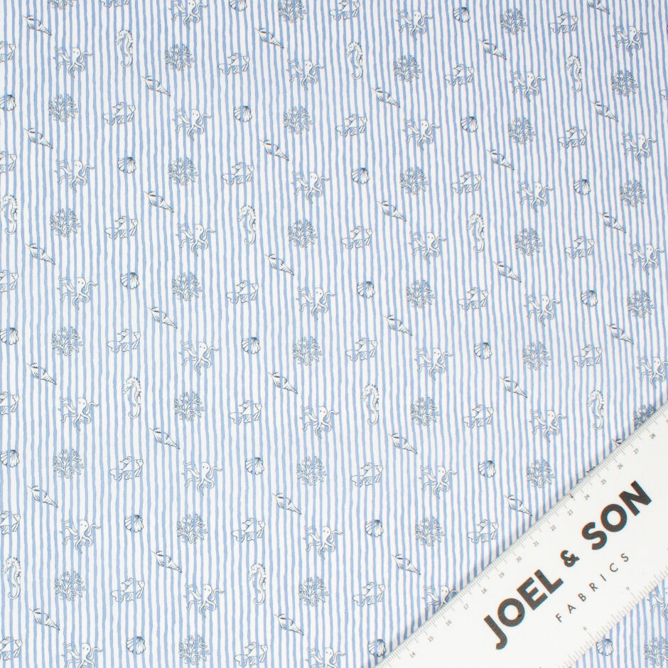 Sea Creatures Printed Blue Striped Pure Cotton