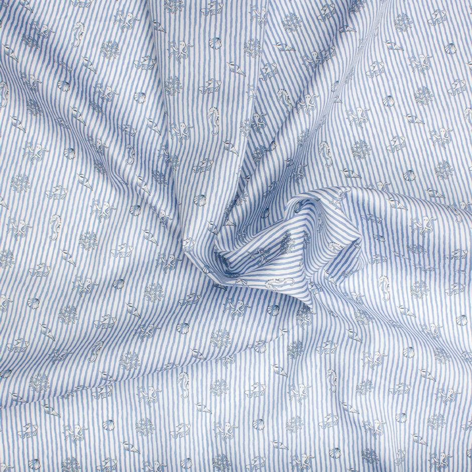 Sea Creatures Printed Blue Striped Pure Cotton