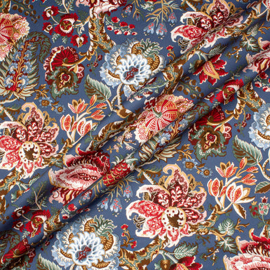 Bold Red & Pink Floral Printed Blue Shirting Cotton