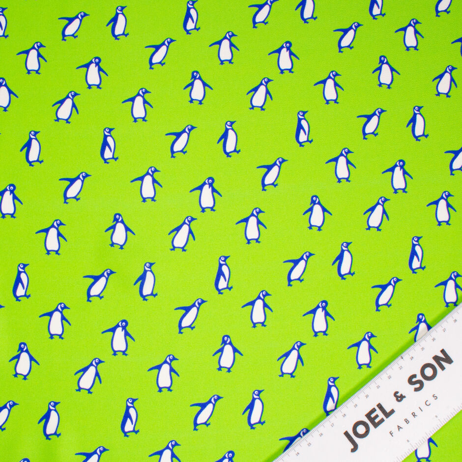 Blue & White Penguin Printed Apple Green Silk Twill