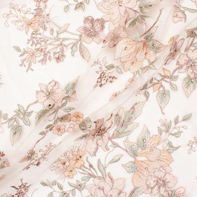 Pale Pink & Peach Floral Embroidered Tulle with Stones