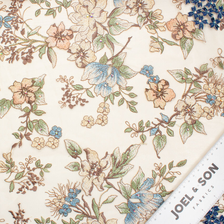 Pale Multi Floral Embroidered Nude Tulle with Stones