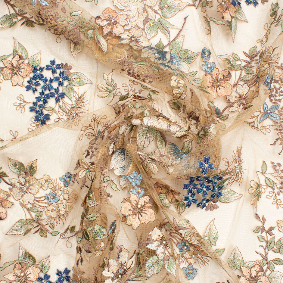 Pale Multi Floral Embroidered Nude Tulle with Stones
