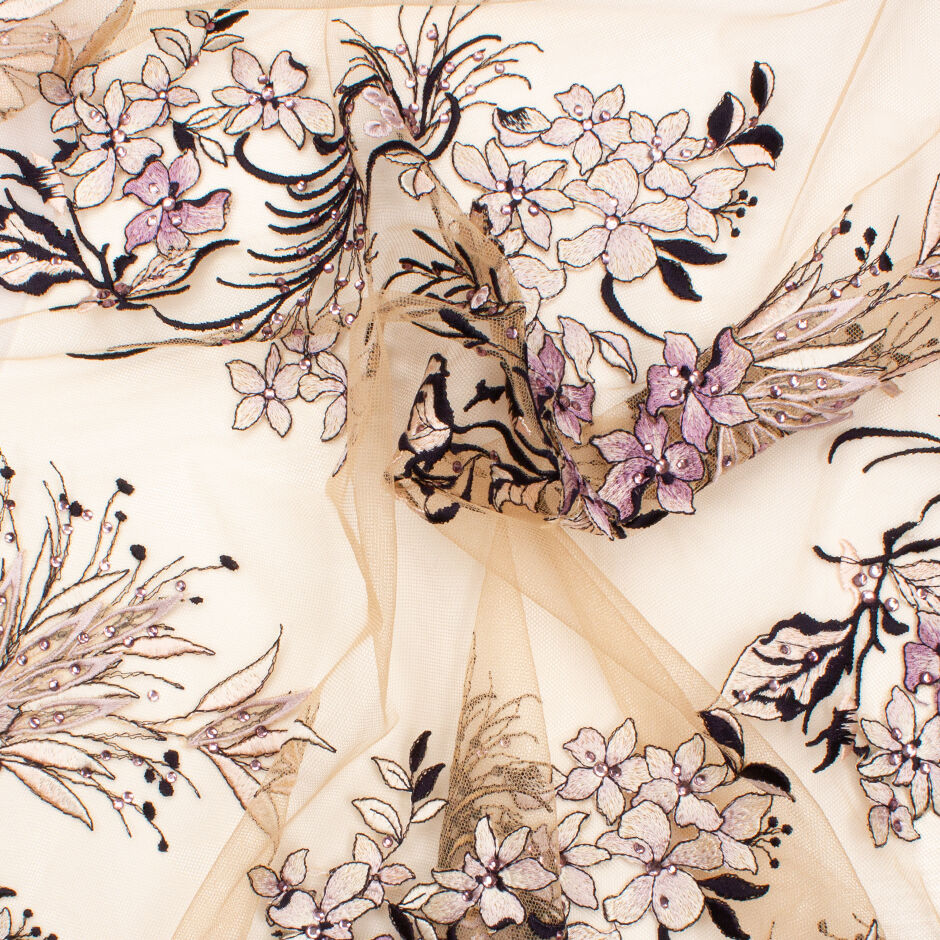 Lilac & Black Embroidered Nude Tulle with Stones