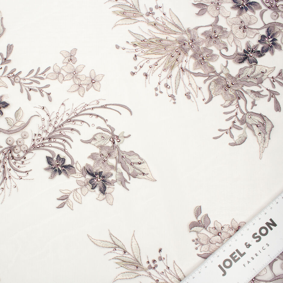 Muted Plum & Ivory Floral Embroidered Tulle with Stones