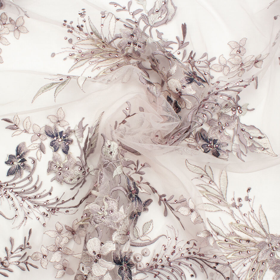 Muted Plum & Ivory Floral Embroidered Tulle with Stones