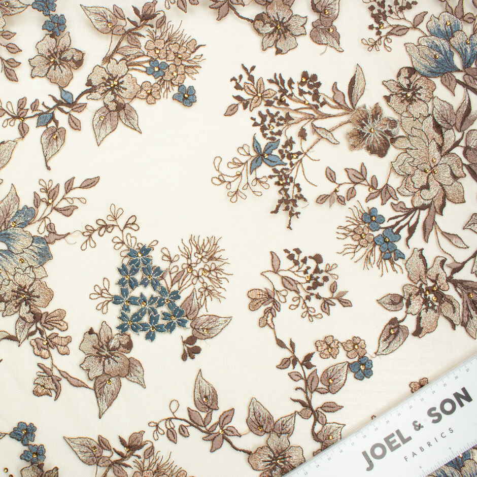 Brown & Blue Floral Embroidered Cream Tulle with Stones