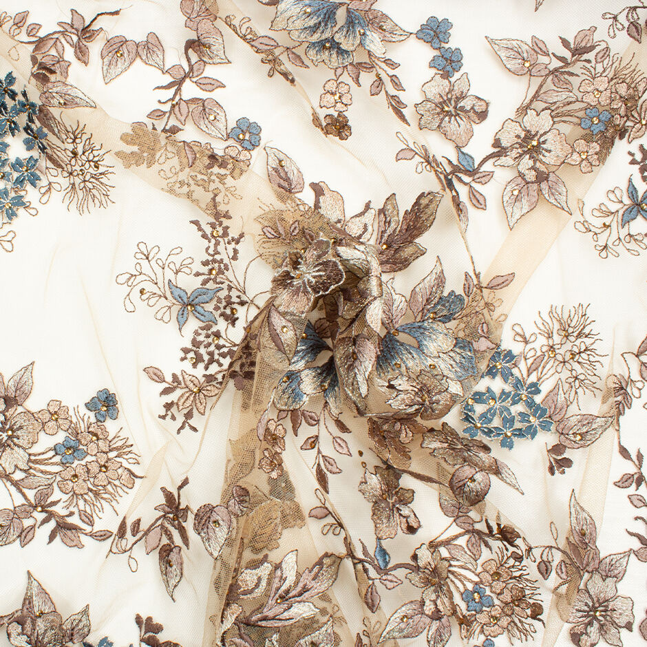 Brown & Blue Floral Embroidered Cream Tulle with Stones