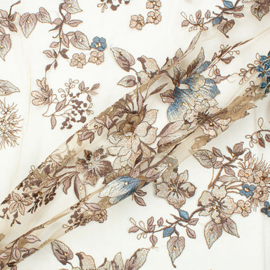Brown & Blue Floral Embroidered Cream Tulle with Stones