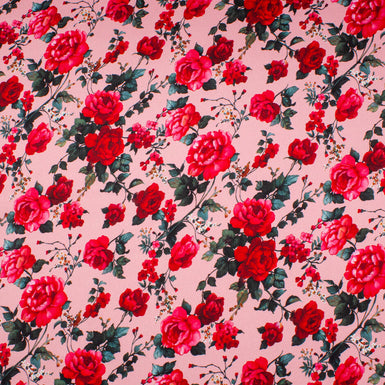 Red Floral Printed Candy Pink Double Silk Satin Crêpe