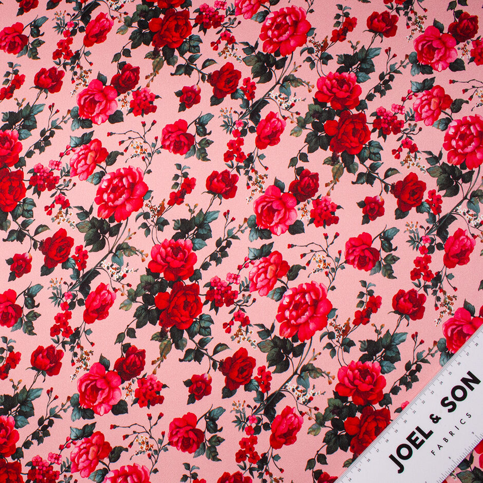 Red Floral Printed Candy Pink Double Silk Satin Crêpe