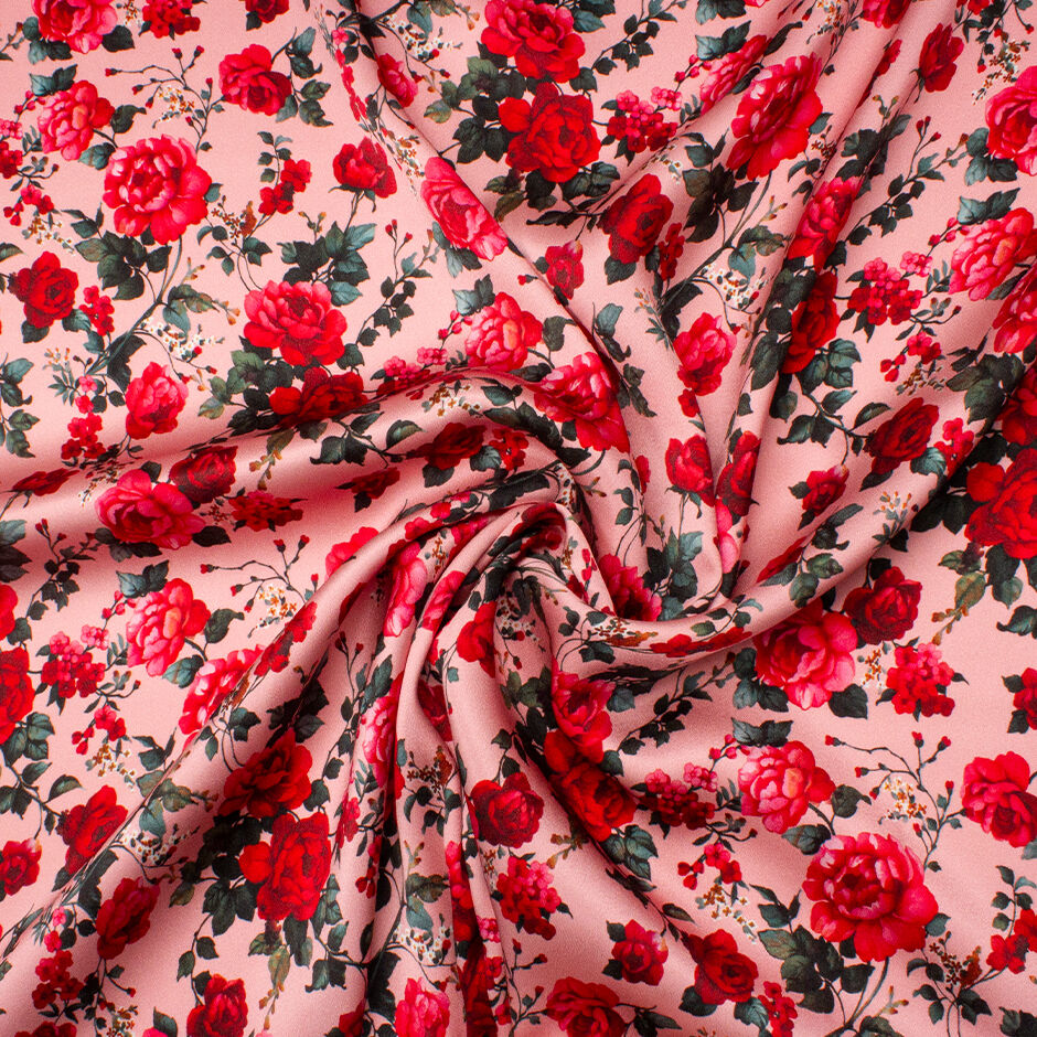 Red Floral Printed Candy Pink Double Silk Satin Crêpe