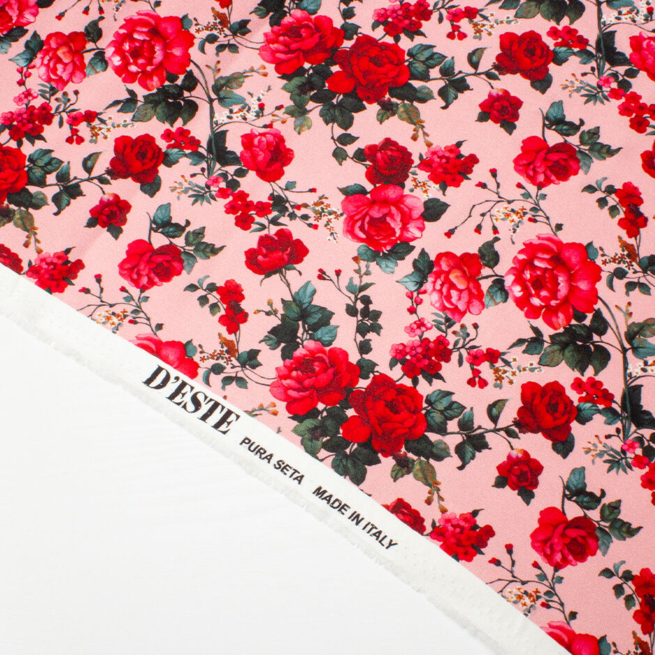 Red Floral Printed Candy Pink Double Silk Satin Crêpe