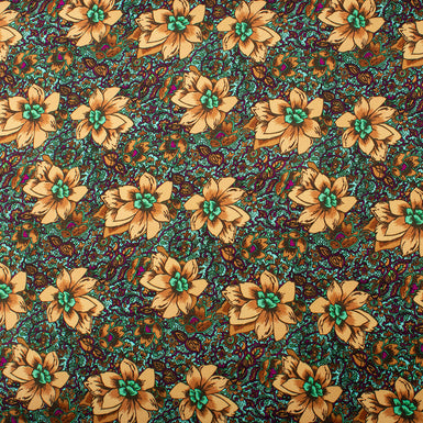 Bold Beige Floral Printed Turquoise Double Silk Satin Crêpe (A 2.15m Piece)