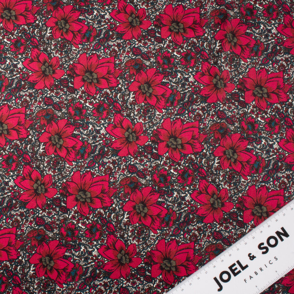 Cherry Red Floral Printed Double Silk Satin Crêpe