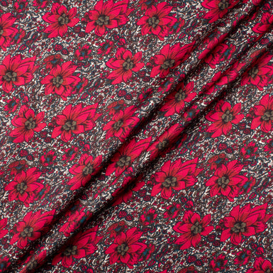 Cherry Red Floral Printed Double Silk Satin Crêpe