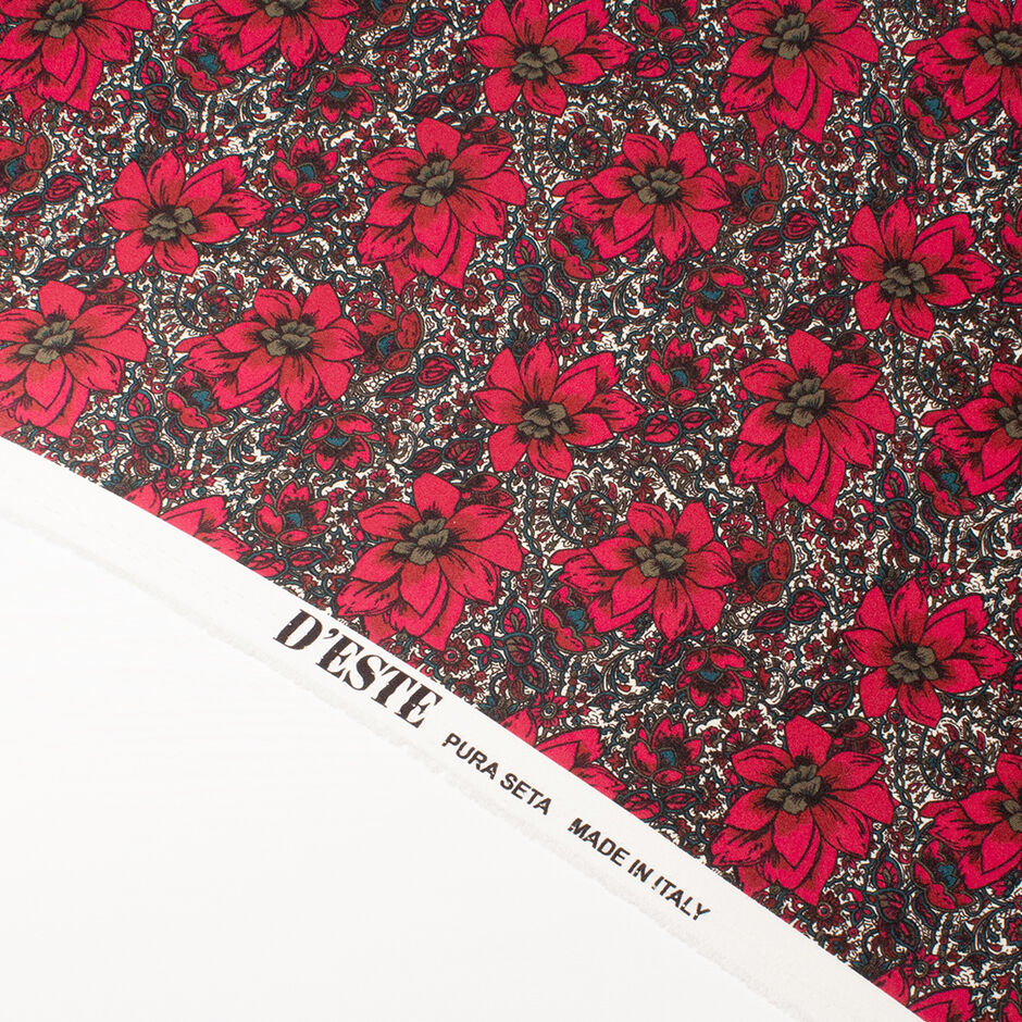 Cherry Red Floral Printed Double Silk Satin Crêpe