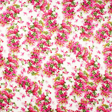 Fuchsia Pink Floral Printed White Double Silk Satin Crêpe