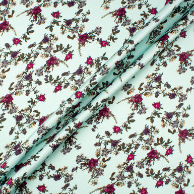 Fuchsia Floral Printed Pale Aqua Double Silk Satin Crêpe