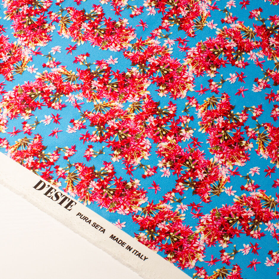 Crimson Pink Floral Printed Sky Blue Double Silk Satin Crêpe
