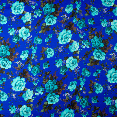 Turquoise Floral Printed Royal Blue Double Silk Satin Crêpe