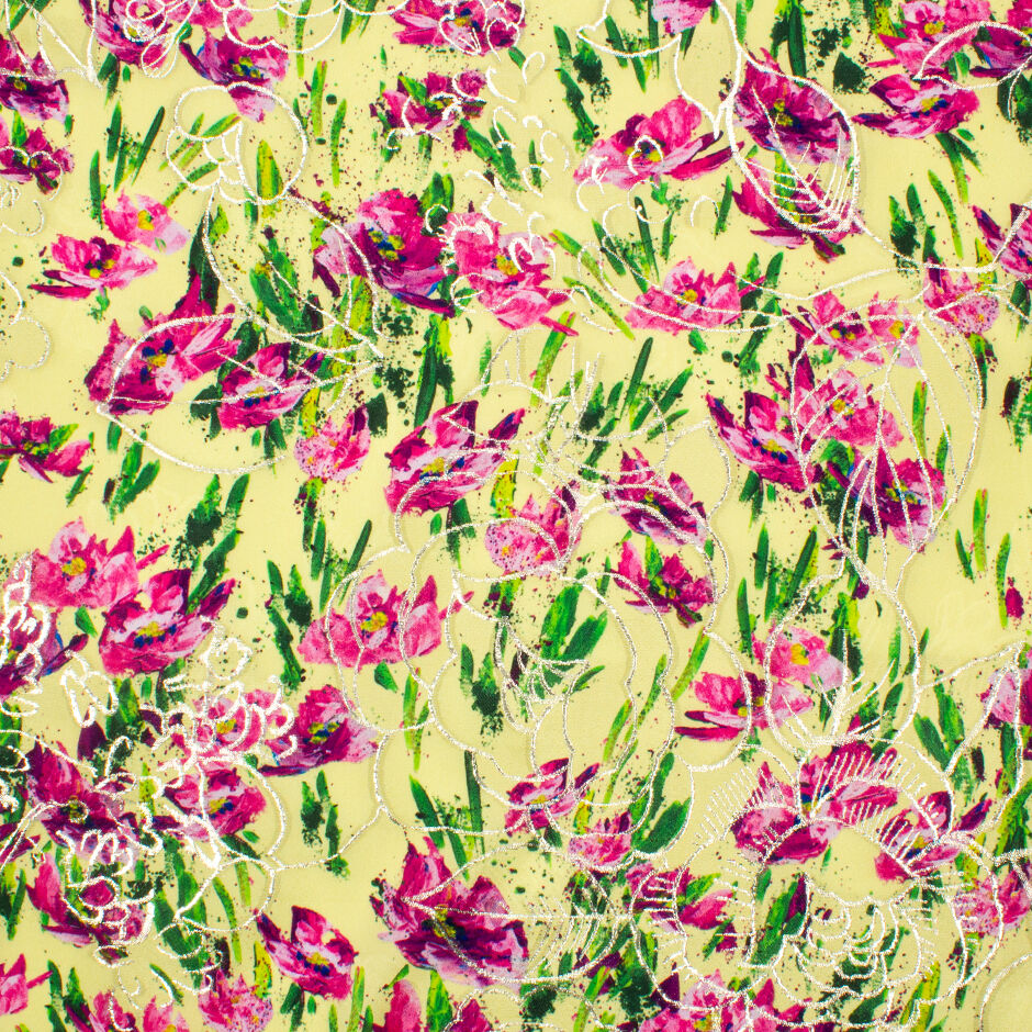 Cerise Pink Floral Printed Yellow Silk Jacquard (A 2.60m Piece)
