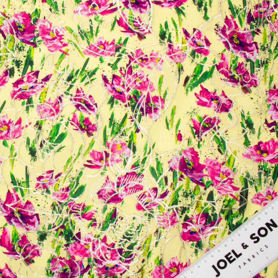 Cerise Pink Floral Printed Yellow Silk Jacquard (A 2.60m Piece)