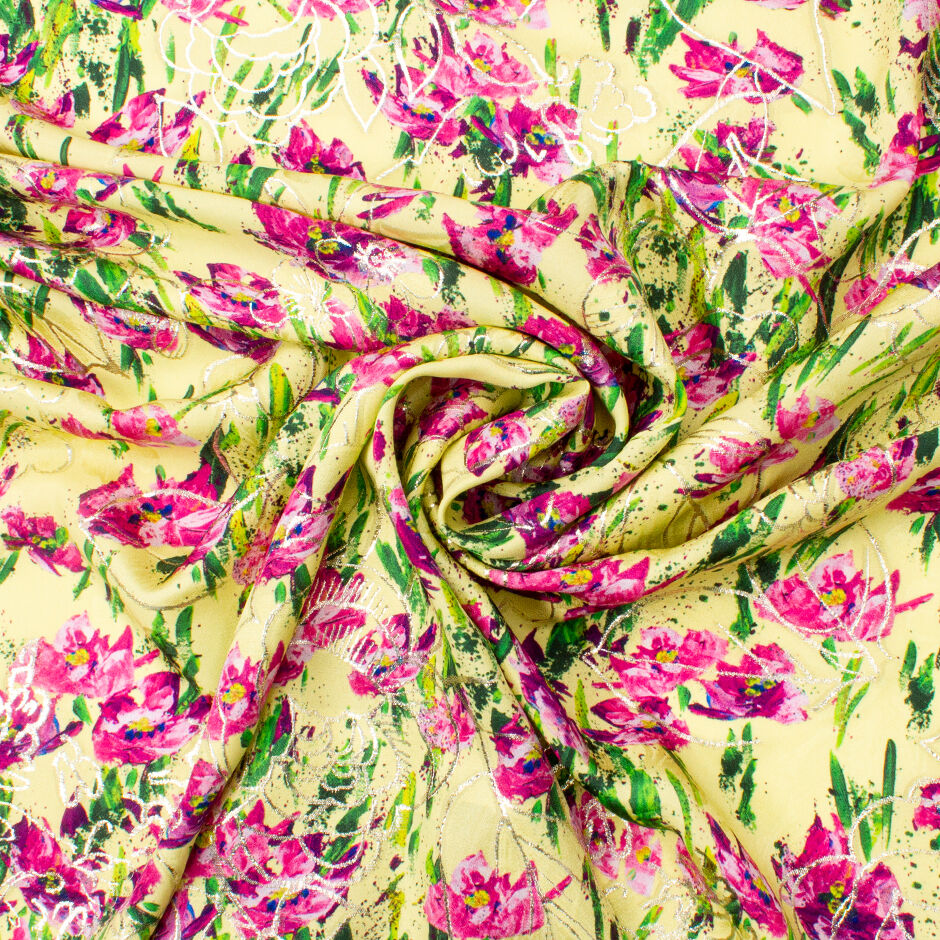 Cerise Pink Floral Printed Yellow Silk Jacquard (A 2.60m Piece)