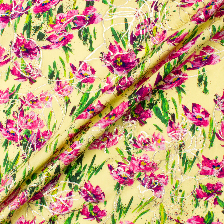 Cerise Pink Floral Printed Yellow Silk Jacquard (A 2.60m Piece)