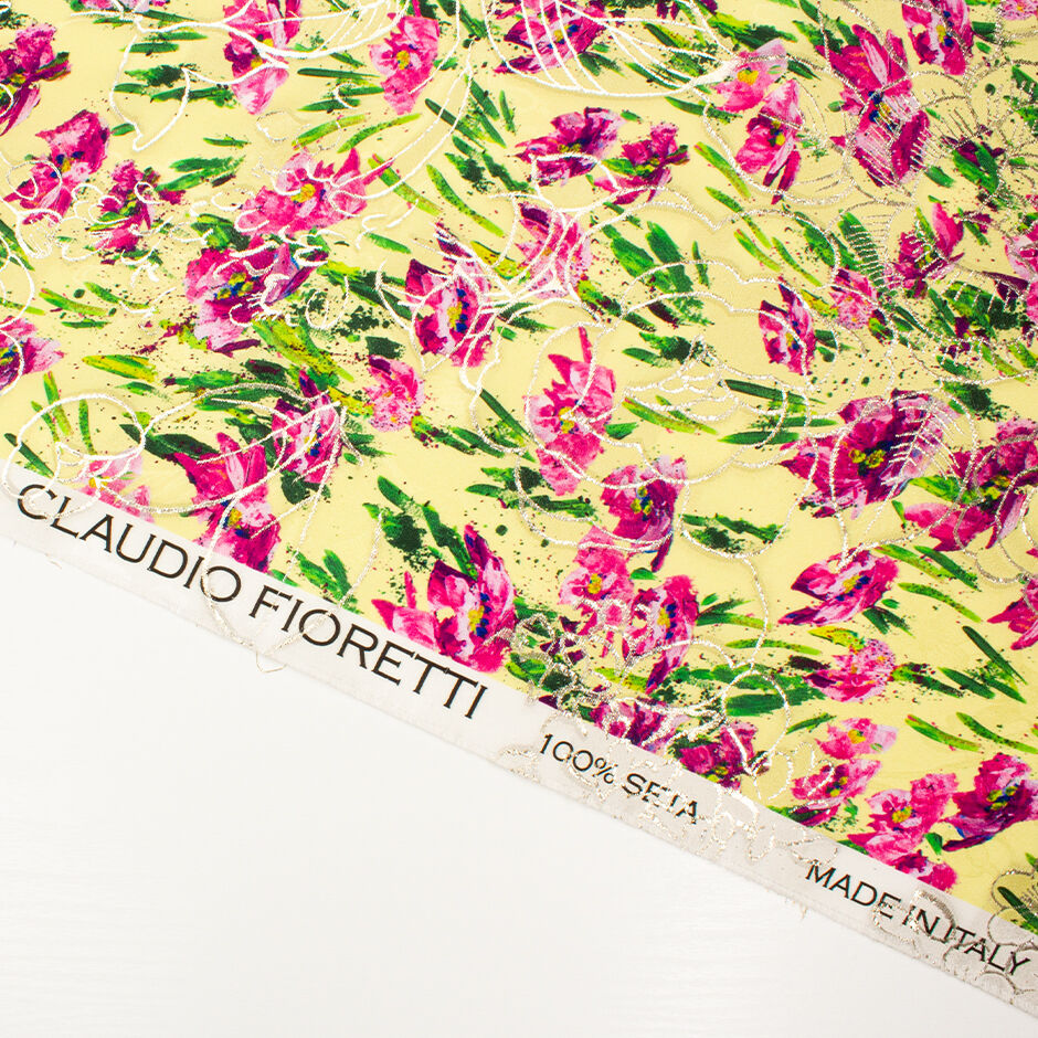 Cerise Pink Floral Printed Yellow Silk Jacquard (A 2.60m Piece)
