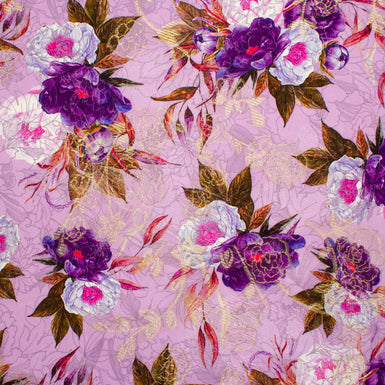 Purple Floral Printed Lilac Jacquard Metallic Silk