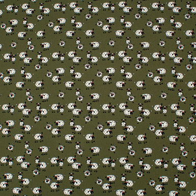 Sheep Printed Olive Green Stretch Silk Satin