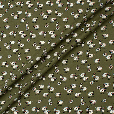 Sheep Printed Olive Green Stretch Silk Satin
