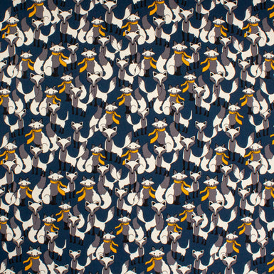 Fox Printed Navy Blue Stretch Silk Satin