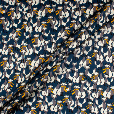 Fox Printed Navy Blue Stretch Silk Satin