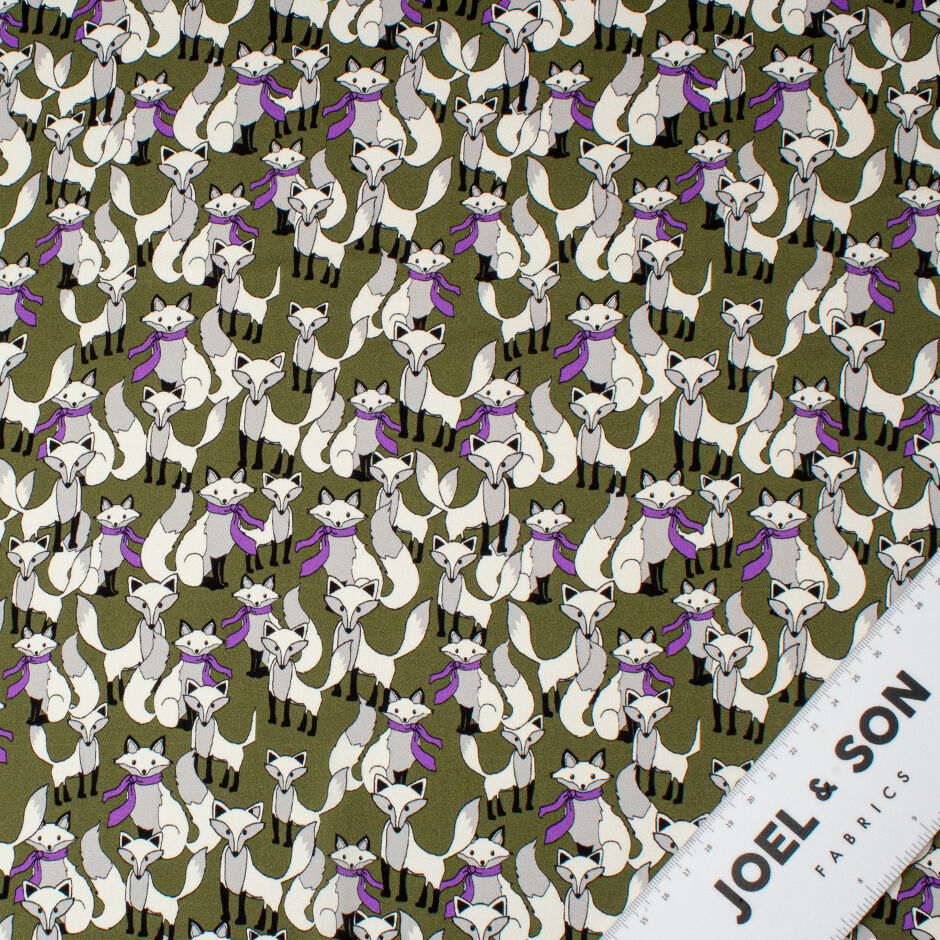 Fox Printed Olive Green Stretch Silk Satin