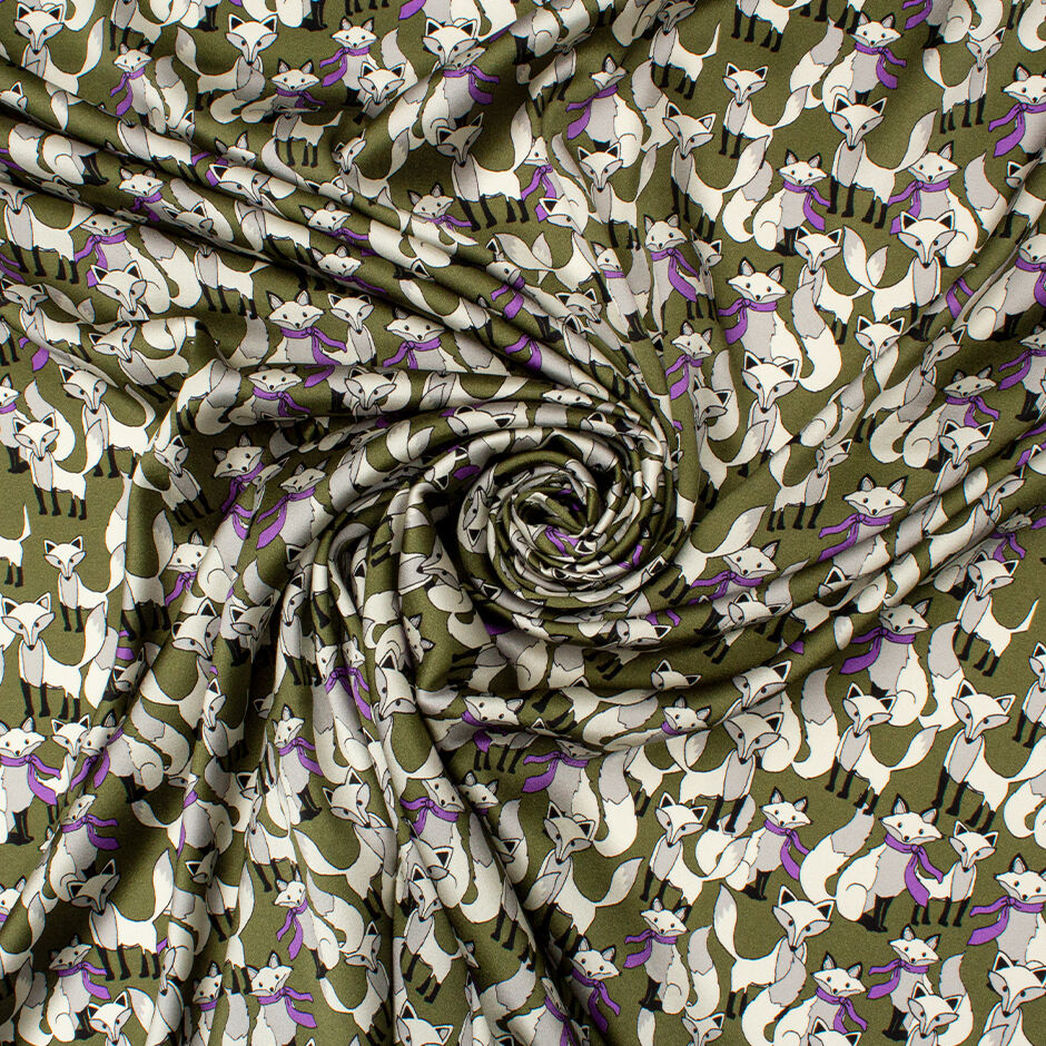 Fox Printed Olive Green Stretch Silk Satin