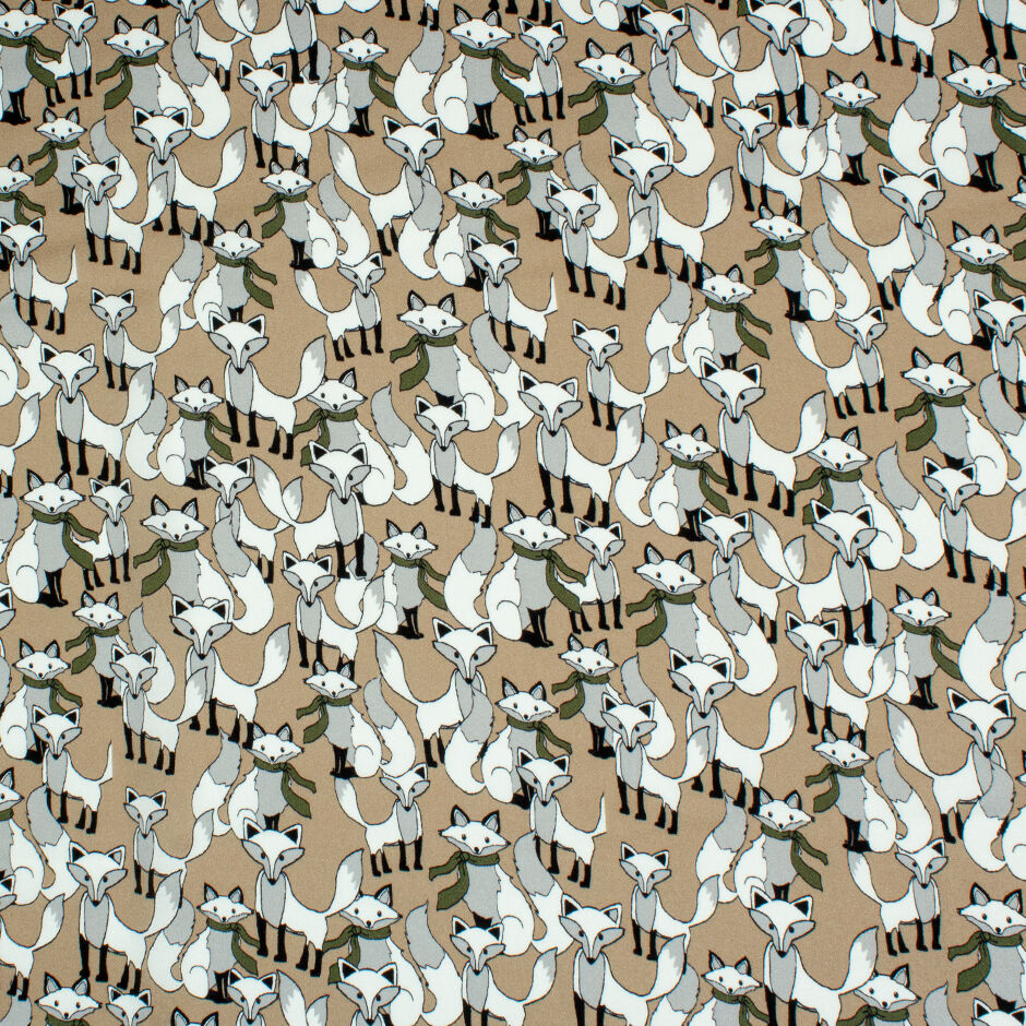 Fox Printed Beige Stretch Silk Satin