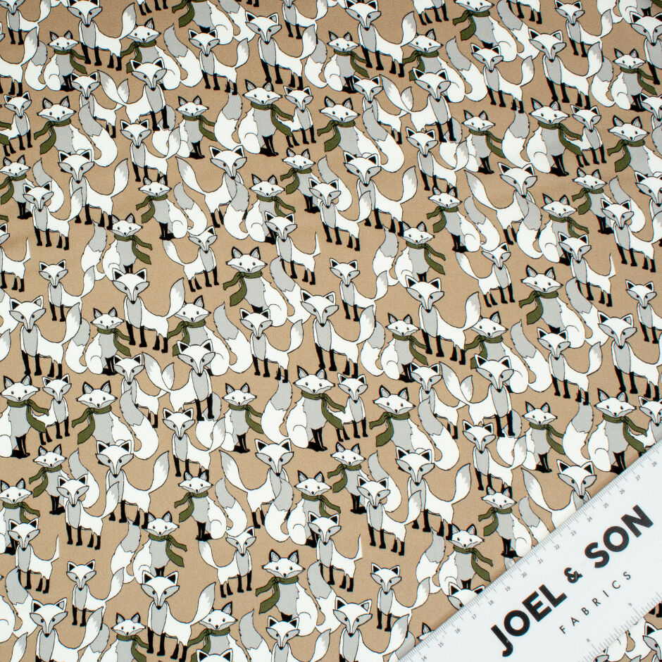 Fox Printed Beige Stretch Silk Satin