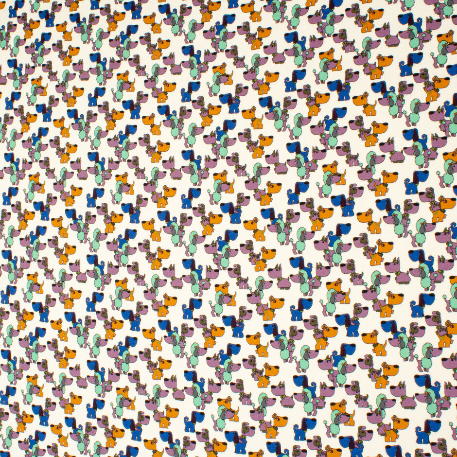 Multi-Coloured Puppy Printed White Stretch Silk Satin
